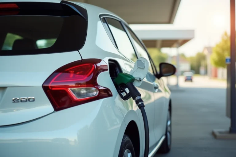 Peugeot 208 blanche à la pompe d'une station-service, illustrant le choix entre essence et diesel