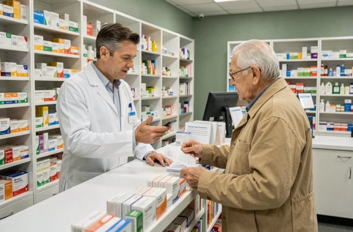 Pharmacien en blouse blanche conseillant un patient âgé sur un traitement contre les maladies courantes en pharmacie