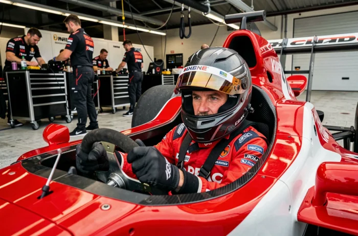 Pilote de course en combinaison ignifuge dans le cockpit d'une monoplace de Formule en pit lane, entouré d'ingénieurs et de pièces en fibre de carbone