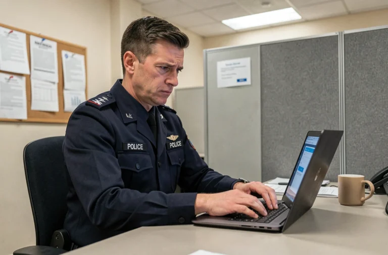 Agent de la police nationale en uniforme tentant de se connecter à la plateforme e-campus sur un ordinateur portable dans un bureau administratif