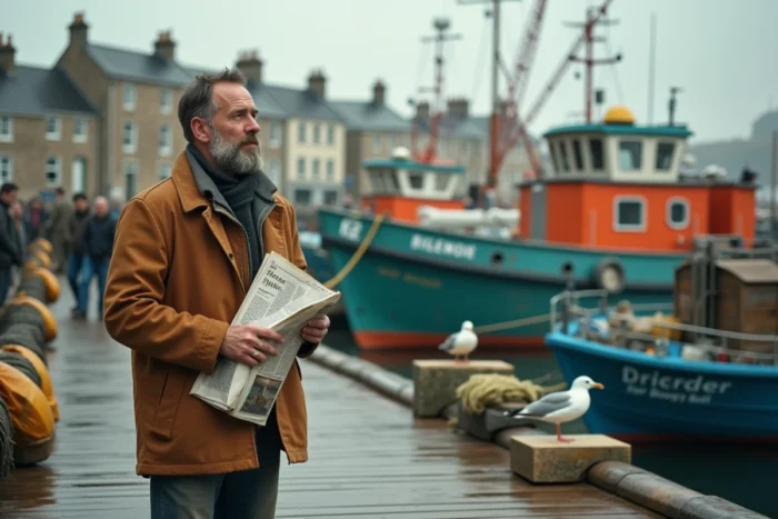 Pêcheur breton sur le port de Douarnenez tenant un journal avec des bateaux colorés amarrés en arrière-plan
