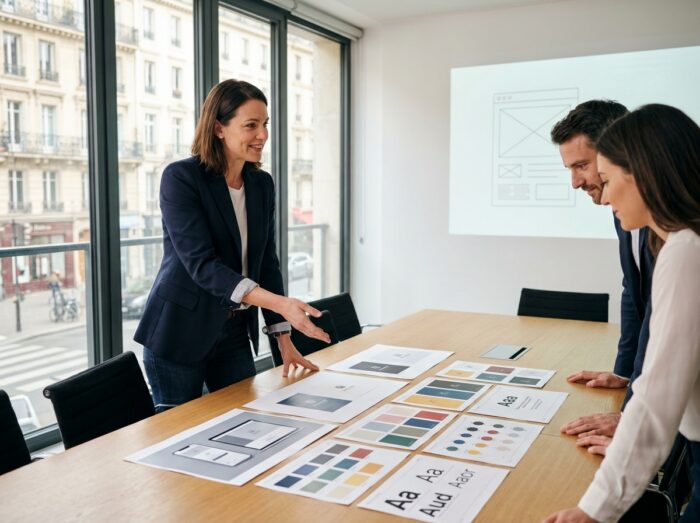 Designer grafico professionista che presenta un progetto di identità visiva a colleghi in una sala riunioni di un'agenzia creativa