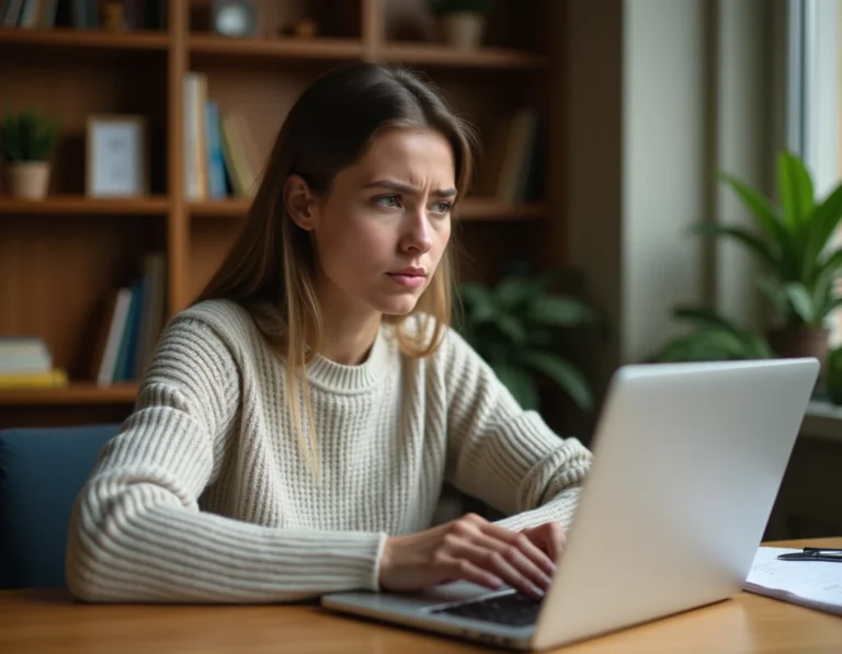 Jeune femme cherchant à résoudre un problème de connexion sur une plateforme académique depuis son bureau à domicile