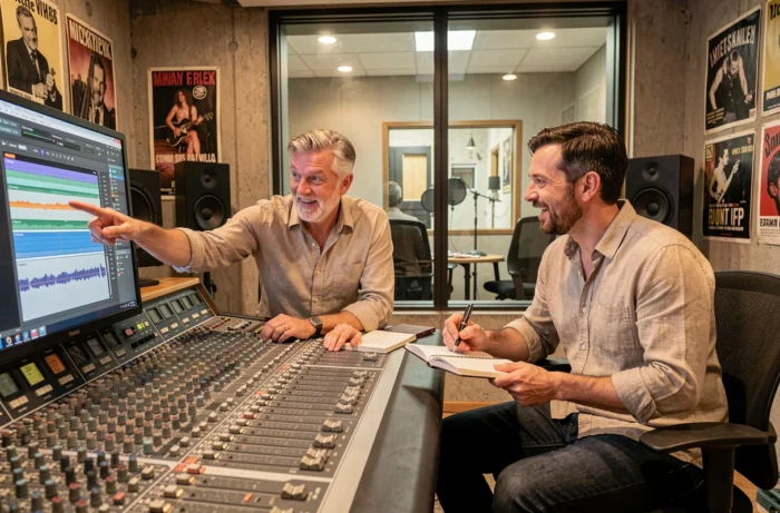 Deux producteurs de musique français en pleine session créative dans un studio d'enregistrement parisien haut de gamme, développant une identité sonore commune