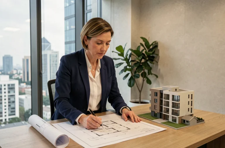 Professionnelle de l'immobilier analysant des plans et documents pour sélectionner un projet immobilier rentable