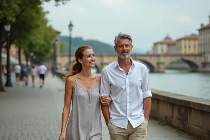 Couple se promenant main dans la main le long d'une promenade pavée au bord de l'eau, ambiance romantique et complice