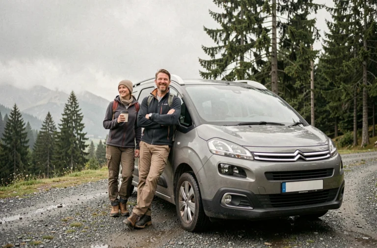 Couple de propriétaires souriants appuyés contre leur Citroën Campster garé sur une route de montagne en gravier avec vue sur une vallée boisée