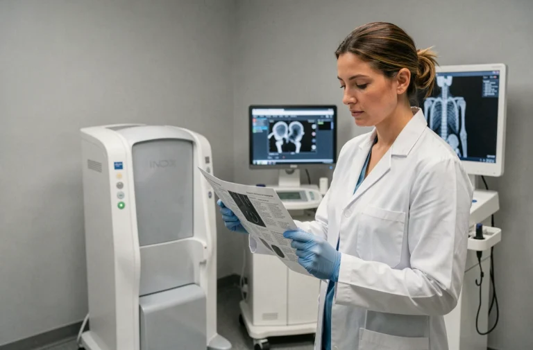 Radiologue féminine examinant un résultat d'ostéodensitométrie dans un cabinet de radiologie moderne à Aix-en-Provence