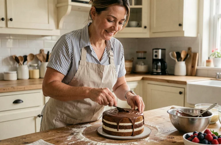 Femme préparant un gâteau au chocolat fait maison dans une cuisine familiale authentique
