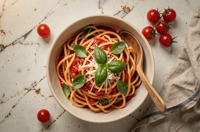 Bol de pâtes maison à la sauce tomate fraîche et parmesan photographié en vue de dessus sur marbre