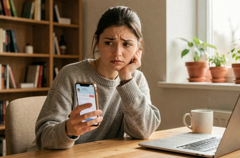 Jeune femme cherchant un compte Instagram introuvable sur son smartphone depuis un bureau à domicile