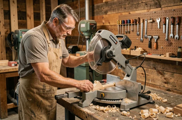 Menuisier expérimenté réglant l'angle de biseau d'une scie radiale dans un atelier de bois authentique
