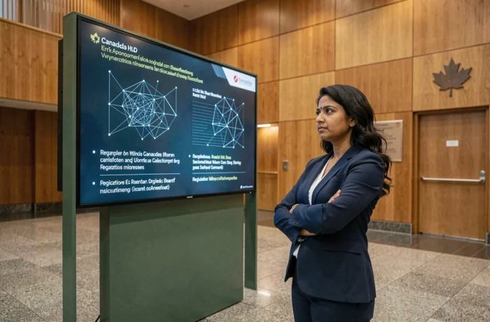 Mujer profesional frente a una pantalla que muestra datos de blockchain en un edificio gubernamental canadiense, simbolizando la regulación de las criptomonedas