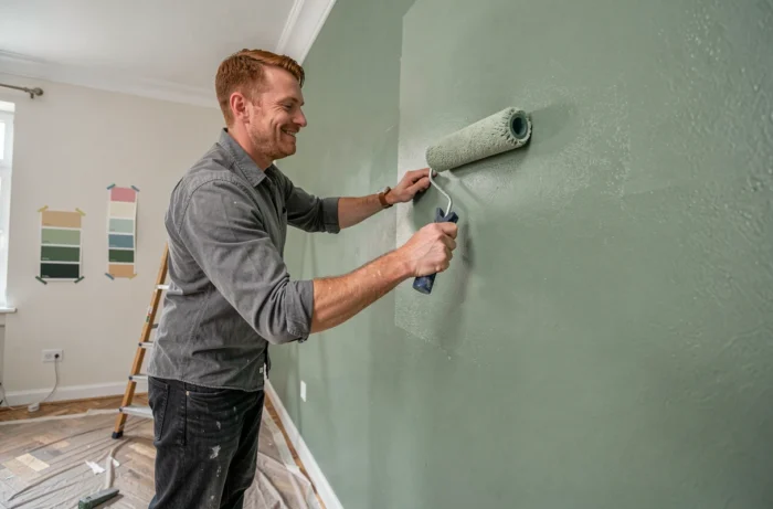 Hombre pintando una pared de color verde salvia en una sala de estar en renovación con parquet en espiga
