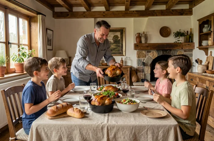 Famille réunie autour d'un repas gourmand avec poulet rôti sur une table familiale rustique