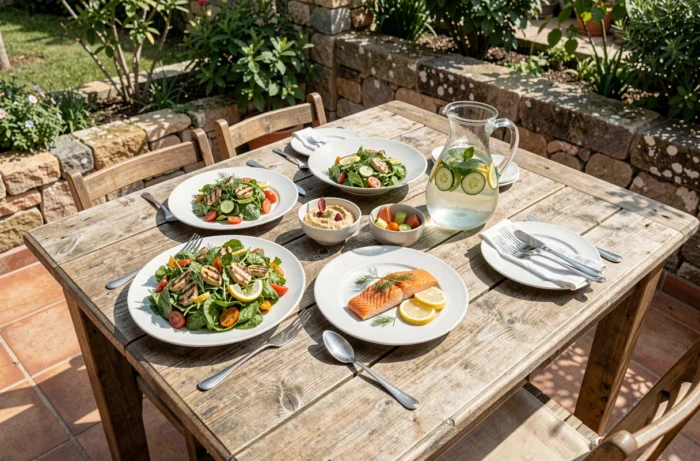 Table de repas méditerranéen léger en plein air avec salade, saumon grillé et légumes frais sur terrasse