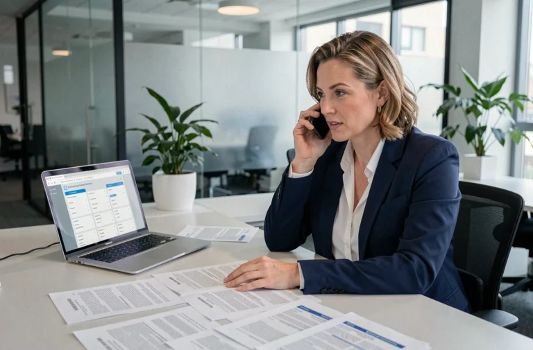 Responsable RH en blazer marine recrutant du personnel extra par téléphone dans un bureau moderne
