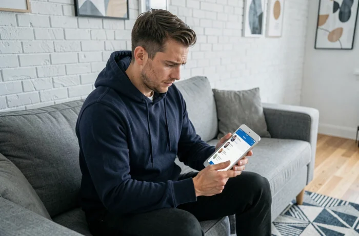 Man focused on his tablet searching for an Instagram profile after a username change in a modern living room
