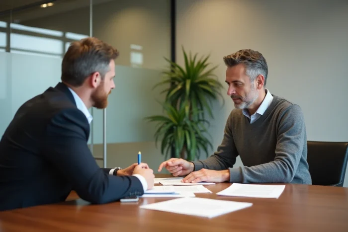 Homme discutant des détails du contrat a500 avec un conseiller financier autour d'une table de réunion