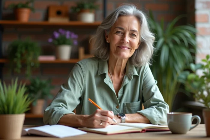 Femme mature écrivant dans un journal de bien-être avec une tasse de tisane dans un bureau cosy, symbolisant la santé mentale et les habitudes saines