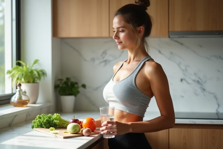 Femme en tenue sportive tenant un verre d'eau et des légumes frais dans une cuisine moderne, illustrant une alimentation saine au quotidien