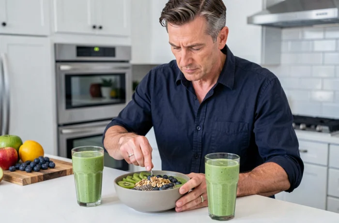 Homme préparant un smoothie bowl vert avec fruits frais, graines de chia et granola dans une cuisine moderne