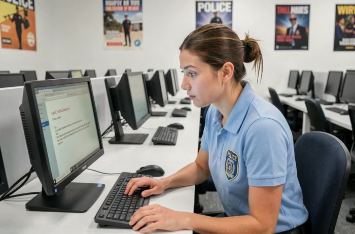 Stagiaire de la police nationale face à un message d'erreur de connexion sur la plateforme e-campus dans une salle informatique de formation