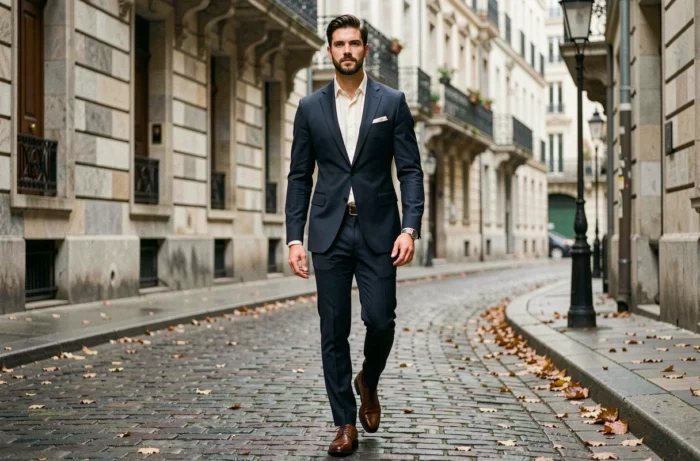 Homme élégant en costume marine marchant dans une rue pavée européenne, illustrant le style mode masculine contemporaine