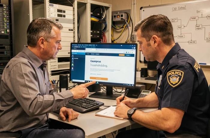 Technicien informatique aidant un policier à résoudre un problème de connexion à e-campus Police nationale dans un bureau d'assistance technique