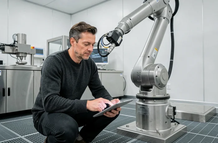 Technicien interagissant avec un bras robotique industriel dans un laboratoire de fabrication high-tech