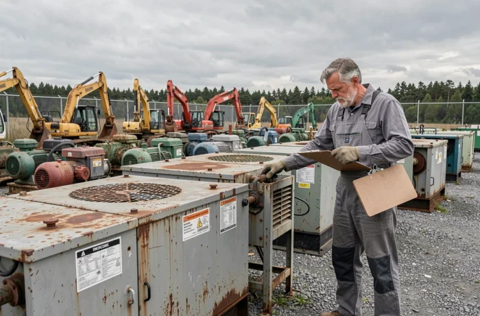 Technicien inspectant du matériel industriel d'occasion dans un dépôt de machines à ciel ouvert