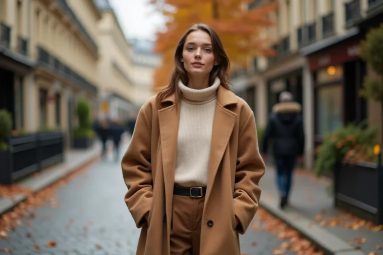 Femme élégante portant un manteau camel oversize et un pantalon taille haute dans une rue pavée parisienne en automne