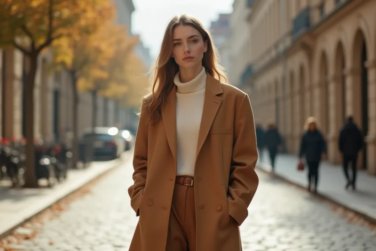 Femme portant un blazer camel oversize et un pantalon large dans une rue pavée européenne en automne, tendances mode saison