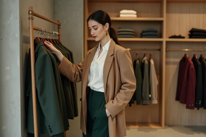 Jeune femme élégante parcourant les dernières tendances mode dans une boutique parisienne minimaliste en blazer camel et pantalon vert forêt