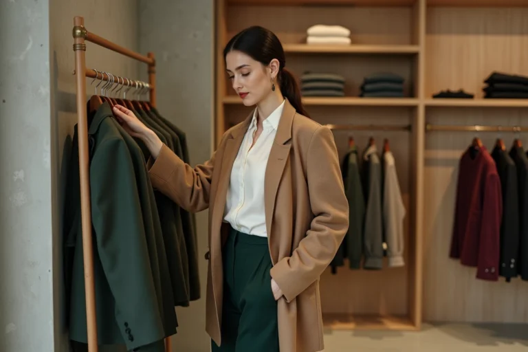 Jeune femme élégante parcourant les dernières tendances mode dans une boutique parisienne minimaliste en blazer camel et pantalon vert forêt