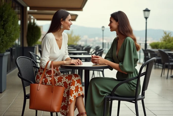 Deux femmes stylées en tenues tendance imprimé géométrique et total look vert sauge attablées en terrasse urbaine, tendances mode saison
