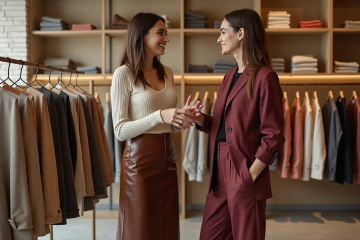 Deux femmes tendance en train de choisir des vêtements dans une boutique de mode concept store à l'ambiance chaleureuse