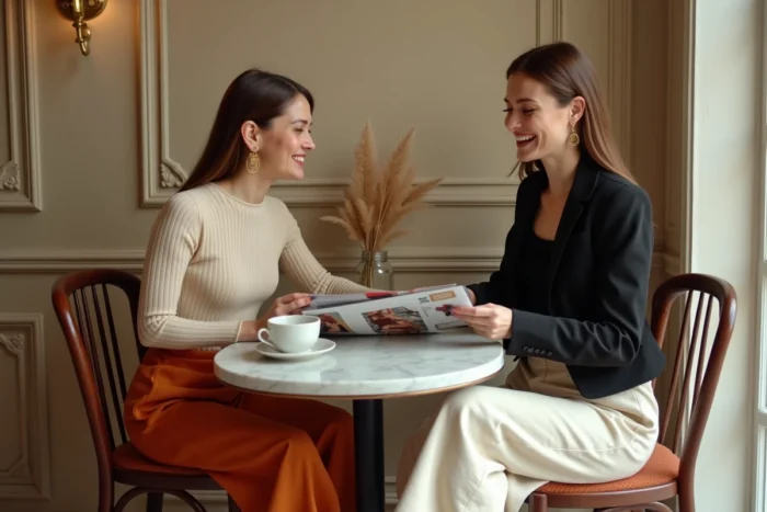 Deux femmes élégantes discutant des dernières tendances mode autour d'un magazine dans un café parisien au décor vintage