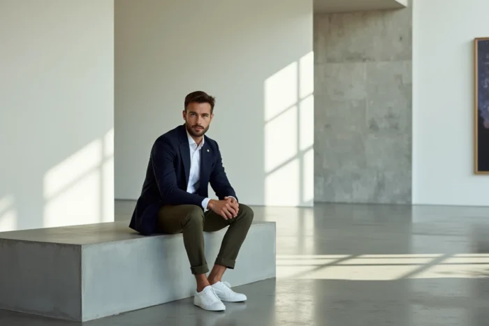 Homme en blazer marine double boutonnage et chinos olive assis dans un espace galerie d'art contemporain minimaliste