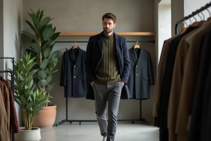 Homme en manteau peacoat marine et pull col roulé vert olive dans un concept store minimaliste, style mode masculin tendance