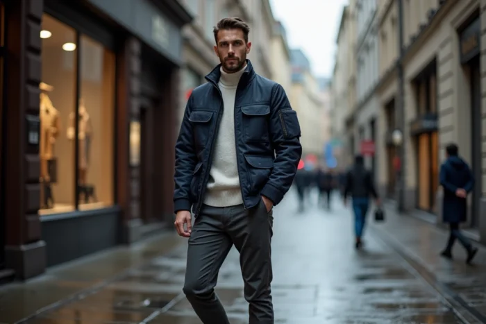 Homme stylé en veste utilitaire marine et bottines Chelsea posant dans une rue pavée urbaine reflétant les tendances mode automne