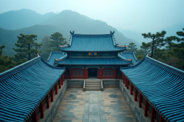 Vue aérienne de toitures bleues d'un palais impérial chinois traditionnel avec tuiles en céramique émaillée et ornements de faîtage en forme de dragon