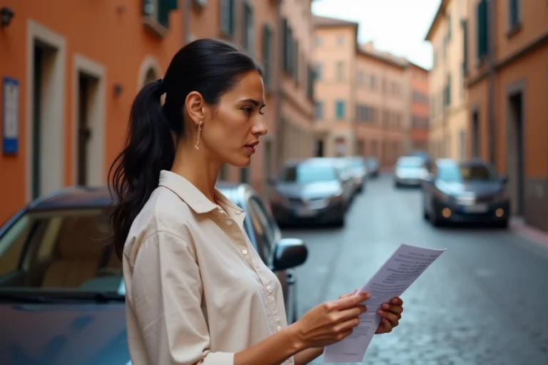 Touriste en Italie examinant une amende de stationnement reçue sur une rue pavée avec des bâtiments italiens typiques en arrière-plan