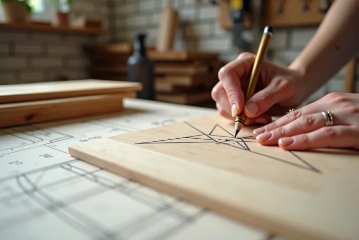 Mains traçant les motifs géométriques d'un moucharabieh sur une planche en bois de cèdre avec un compas