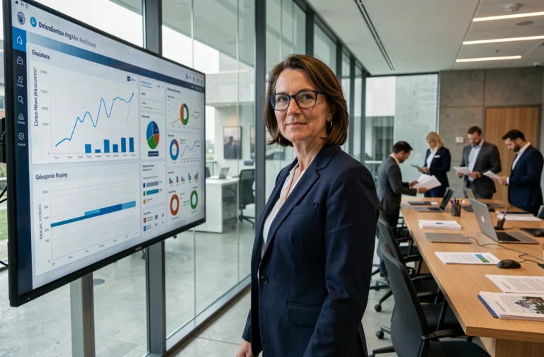 Élue locale présentant un tableau de bord numérique municipal dans une salle de réunion moderne