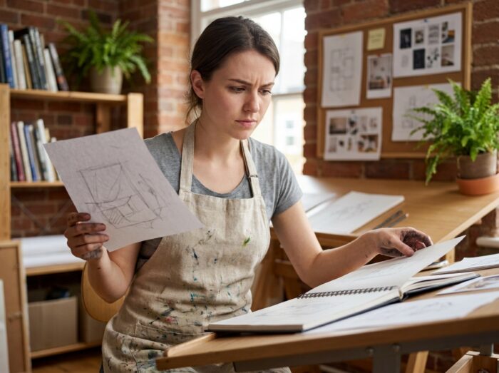 Jeune femme designer graphique comparant ses croquis amateurs à un portfolio professionnel dans un studio créatif fait maison