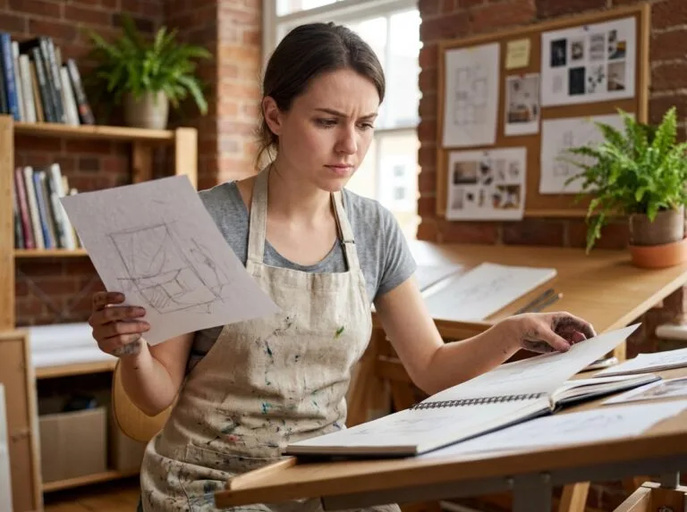 Jeune femme designer graphique comparant ses croquis amateurs à un portfolio professionnel dans un studio créatif fait maison