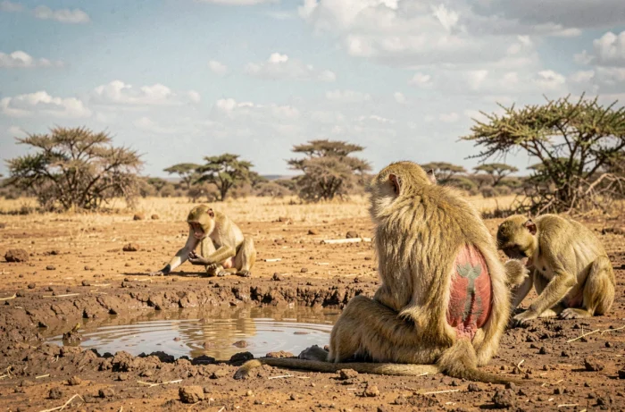 Troupe de babouins au point d'eau en savane, mâle dominant montrant ses fesses rouges caractéristiques
