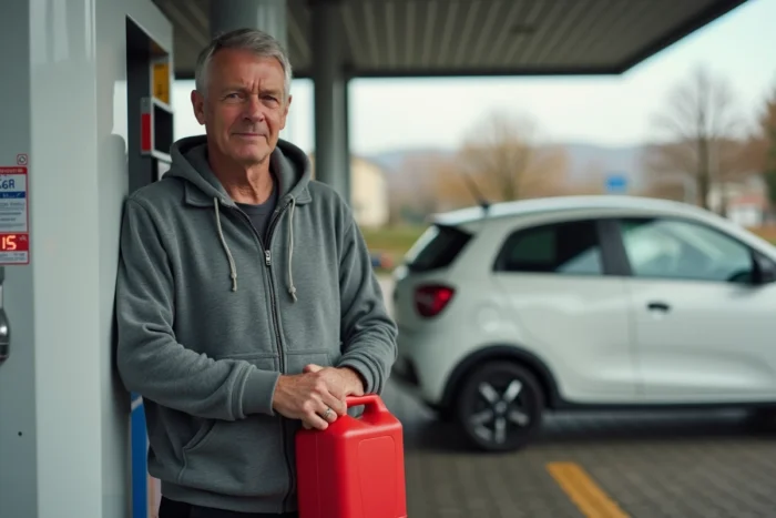 Homme avec un jerrican d'essence rouge à la station-service à côté d'une Renault Twingo 2 blanche après une panne de carburant