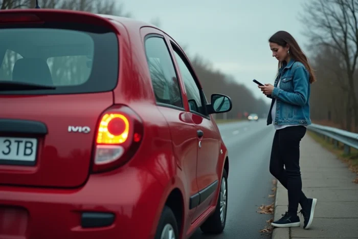 Renault Twingo 2 rouge garée sur le bord de la route en panne d'essence avec conductrice utilisant son téléphone